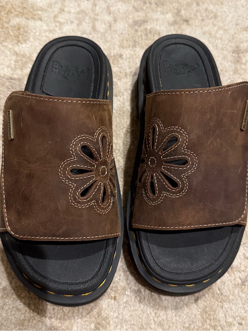 Dr. Martens Brown Leather Floral Cutout Slide Sandals
